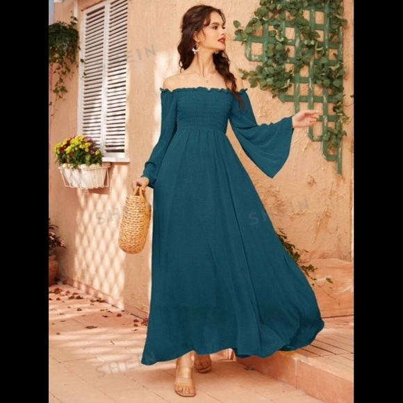 Medieval Renaissance SHEIN Mulvari Off Shoulder Shirred Bell Sleeve Dress SMALL - Picture 3 of 8